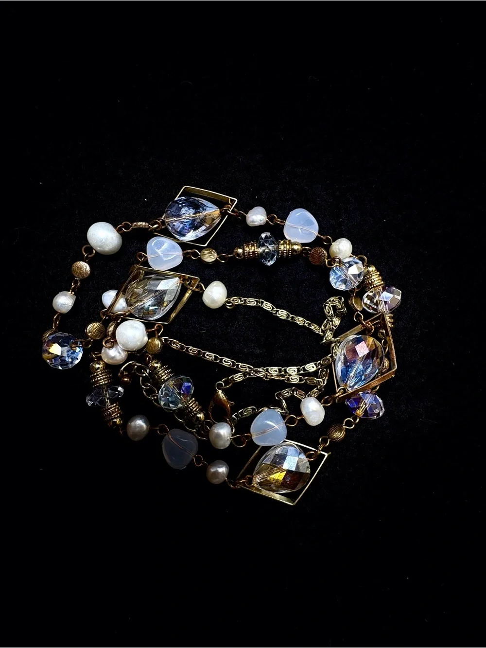 Vintage Elegant Gold-Tone Beaded Long Necklace with Clear and Cream Accents